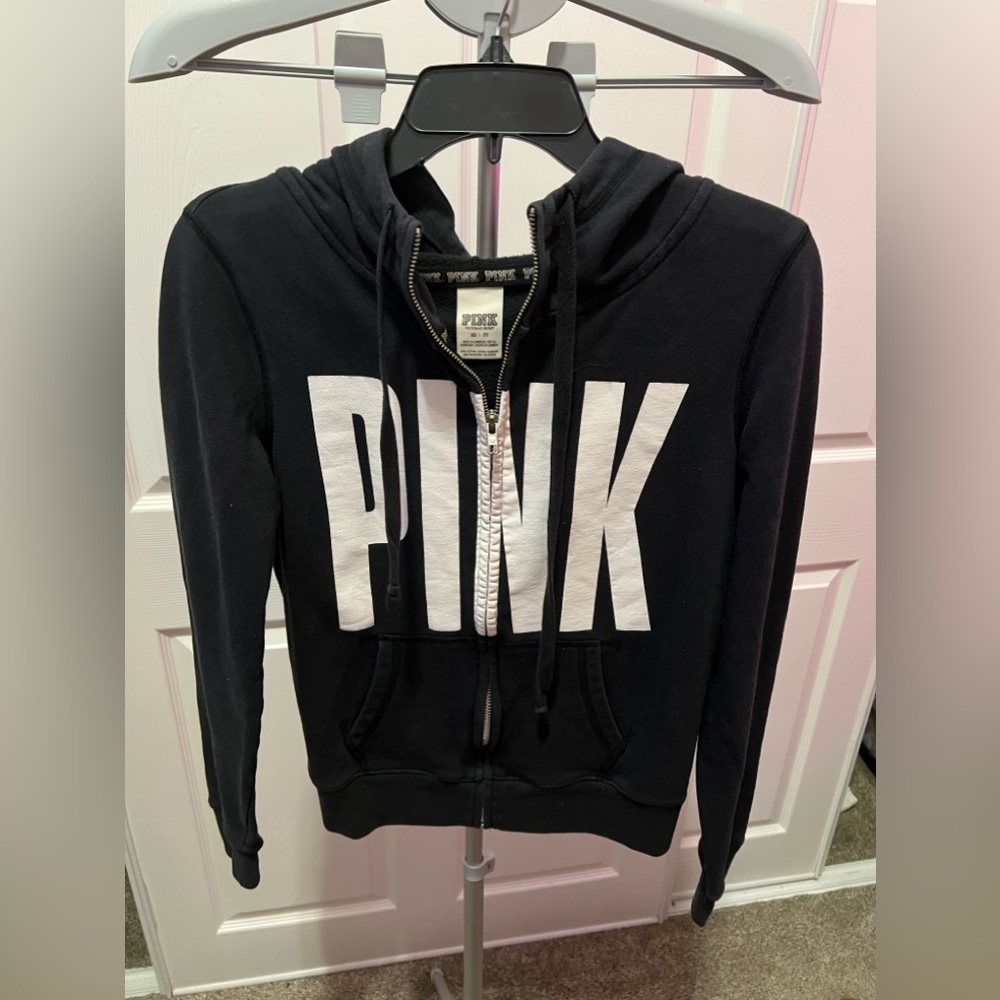 Victoria Secret Black & White Full Zip Up Hoodie Size XS NWOT